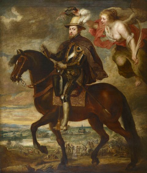 Painting. A man in armor rides a horse in a historic painting. An angelic figure hovers above, holding a laurel wreath. A landscape and small figures are visible in the background.