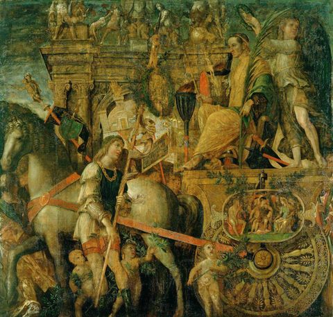 Painting. A detailed painting depicting a regal figure on a chariot drawn by horses, surrounded by cherubs and attendants in a classical setting with ornate decorations and an arch in the background.