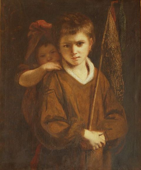 Painting. Shown from the hips up, a young boy tucks his chin down and looks at us from under his eyebrows. His hands clasp on his belly, over a pole he holds. A little girl peeks over his shoulder, one hand by his neck. Both have pale skin and wear muted red or brown.
