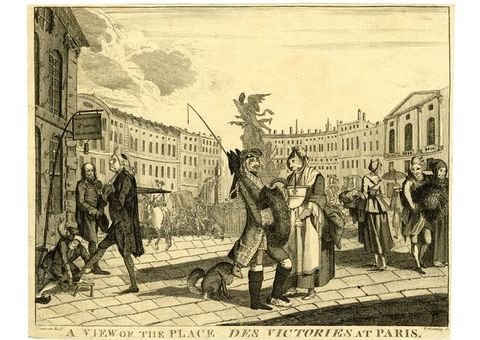Print. A man wearing a long white wig is pulled in a person-drawn carriage down a stone-paved street. He holds up a snack near his hooked nose. Another man pushes the carriage, and a portly man walks behind. A person at the front of the retinue holds an oversized syringe against one shoulder.