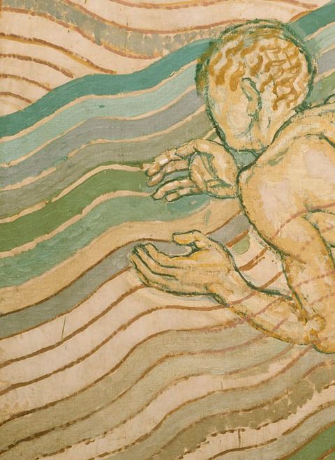 Painting. Detail view of a man’s head and cupped hands. Wavy lines of muted greens, blue, and white represent water.