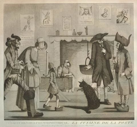 Print. Eight men and one woman stand or walk on a bridge. One man carries a narrow parasol over an elaborately coiffed wig. Another man with a horse whip gets his boots shined.