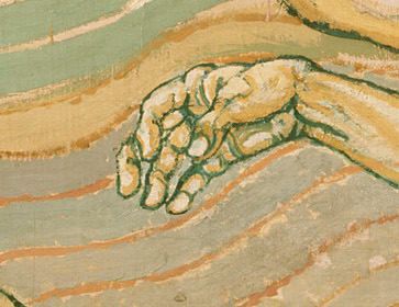 Painting. Detail view of a pale-skinned hand against wavy lines representing water. The palm faces us, the thumb dropping towards the base of the fingers.